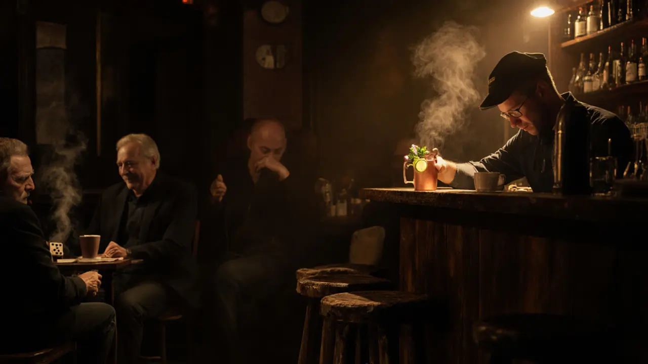 A bartender mixing a cocktail in a cozy, dimly lit bar with locals playing dominoes.