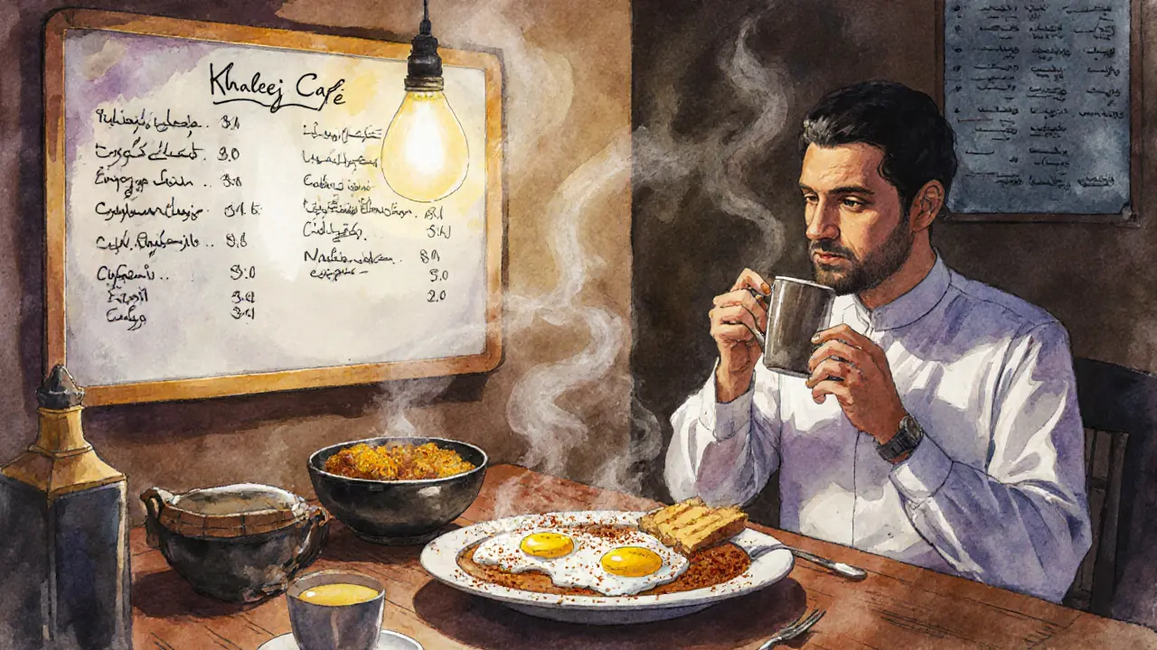 A bowl of sweet vermicelli with fried eggs and saffron, paired with cardamom coffee at a quiet 3 a.m. café.