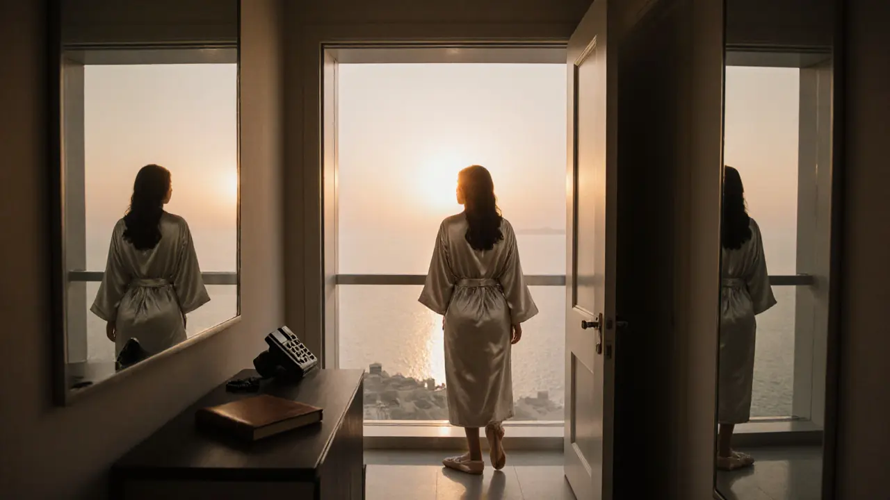 A composed woman in a silk robe gazing at the sunrise in a hotel suite, with personal items on a table nearby.