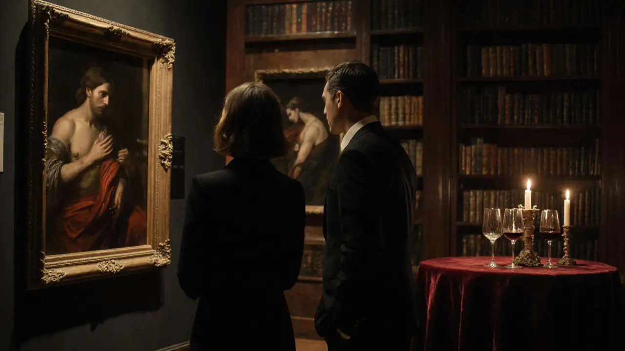 A couple admires a Caravaggio painting in a private gallery, candlelight reflecting off antique frames.