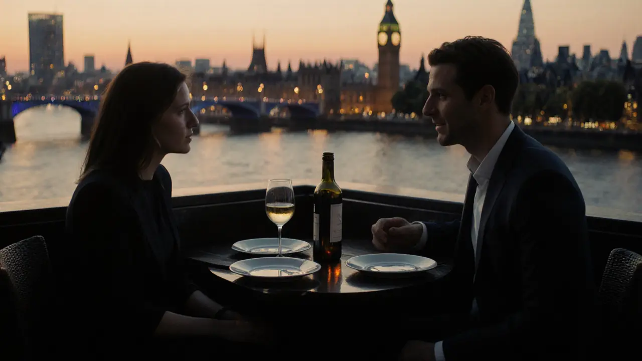 A couple enjoying a sunset drink at a quiet London rooftop bar with the Thames in view.