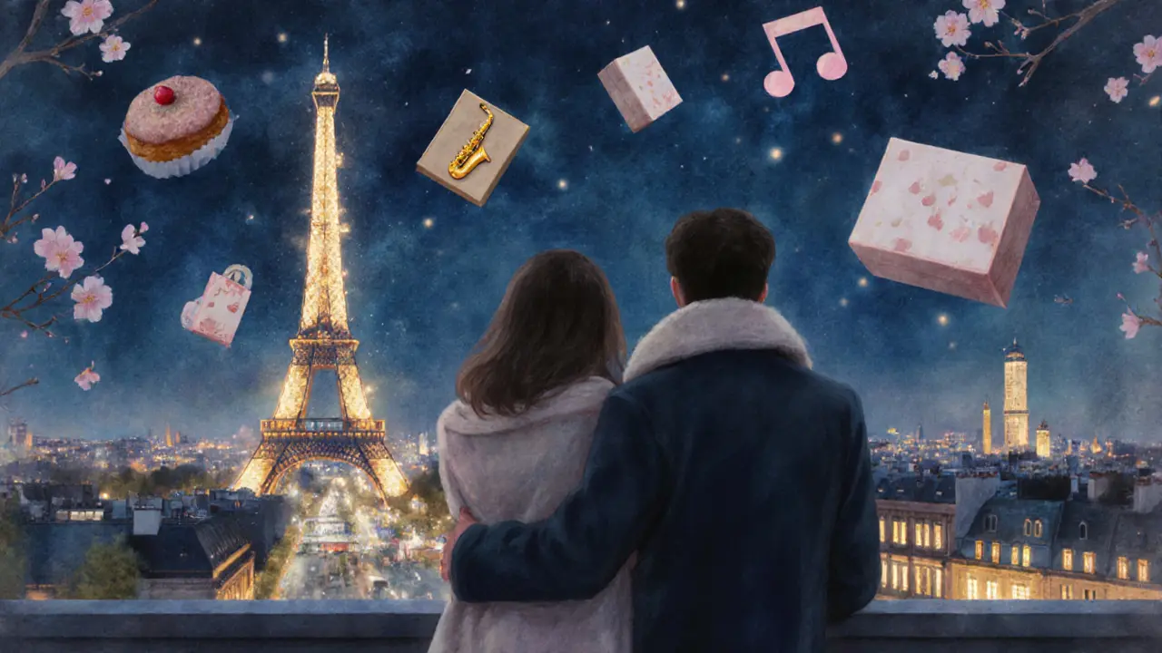 A couple on a rooftop terrace watches the Eiffel Tower sparkle, city lights glowing softly around them.