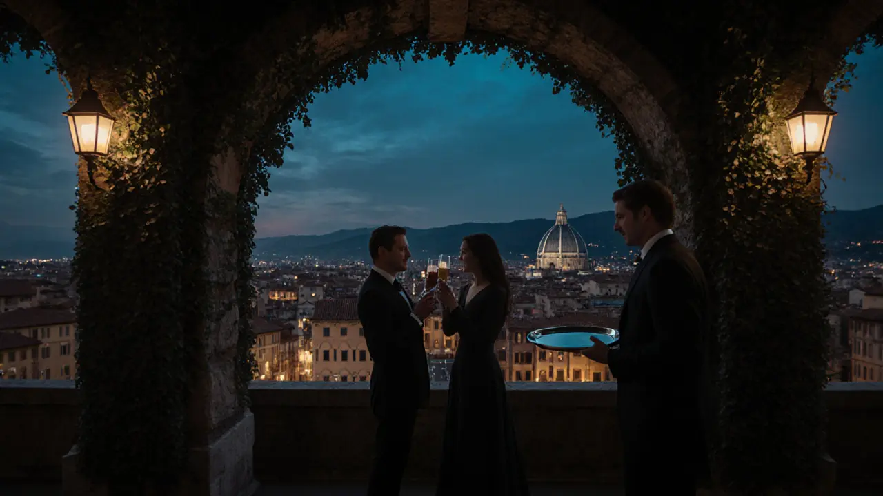 A couple toasts on a hidden rooftop terrace overlooking Milan&#039;s Duomo at twilight, no visible signs or crowds.