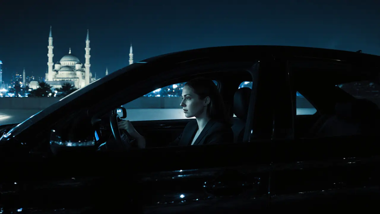 A discreet luxury car with tinted windows driving through Abu Dhabi&#039;s nighttime skyline.