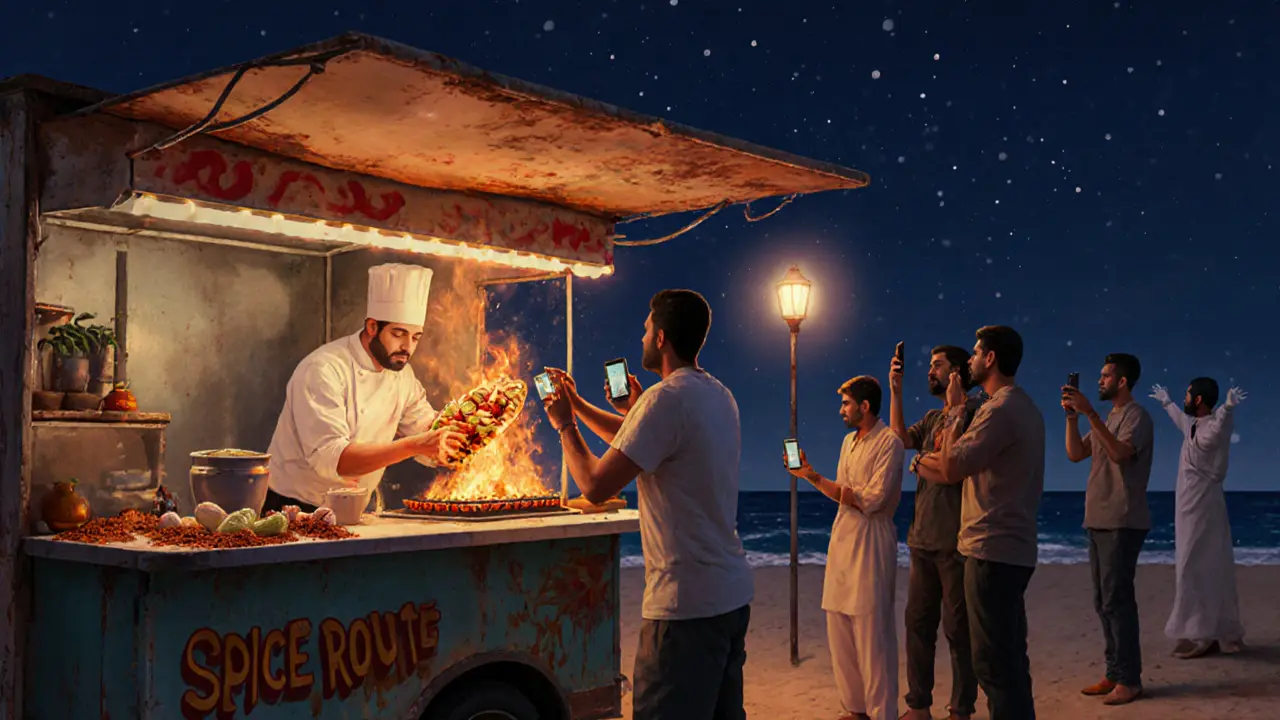 A food truck serving sizzling chicken shawarma with pickled turnips, locals taking photos in the midnight glow.