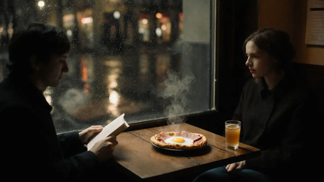 A late-night crêpe is served in a quiet Paris crêperie with rain on the window and soft lighting.