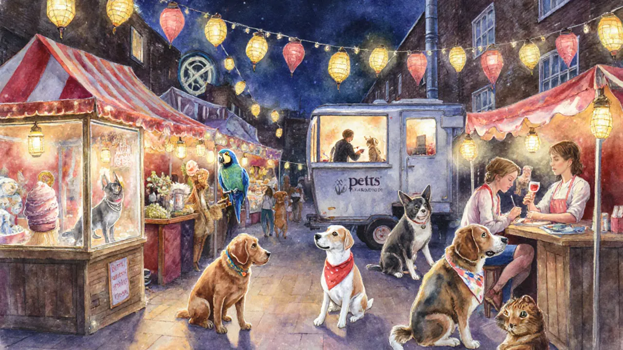A lively pet night market with dogs, cats, and a rabbit among stalls selling treats and pet portraits under string lights.