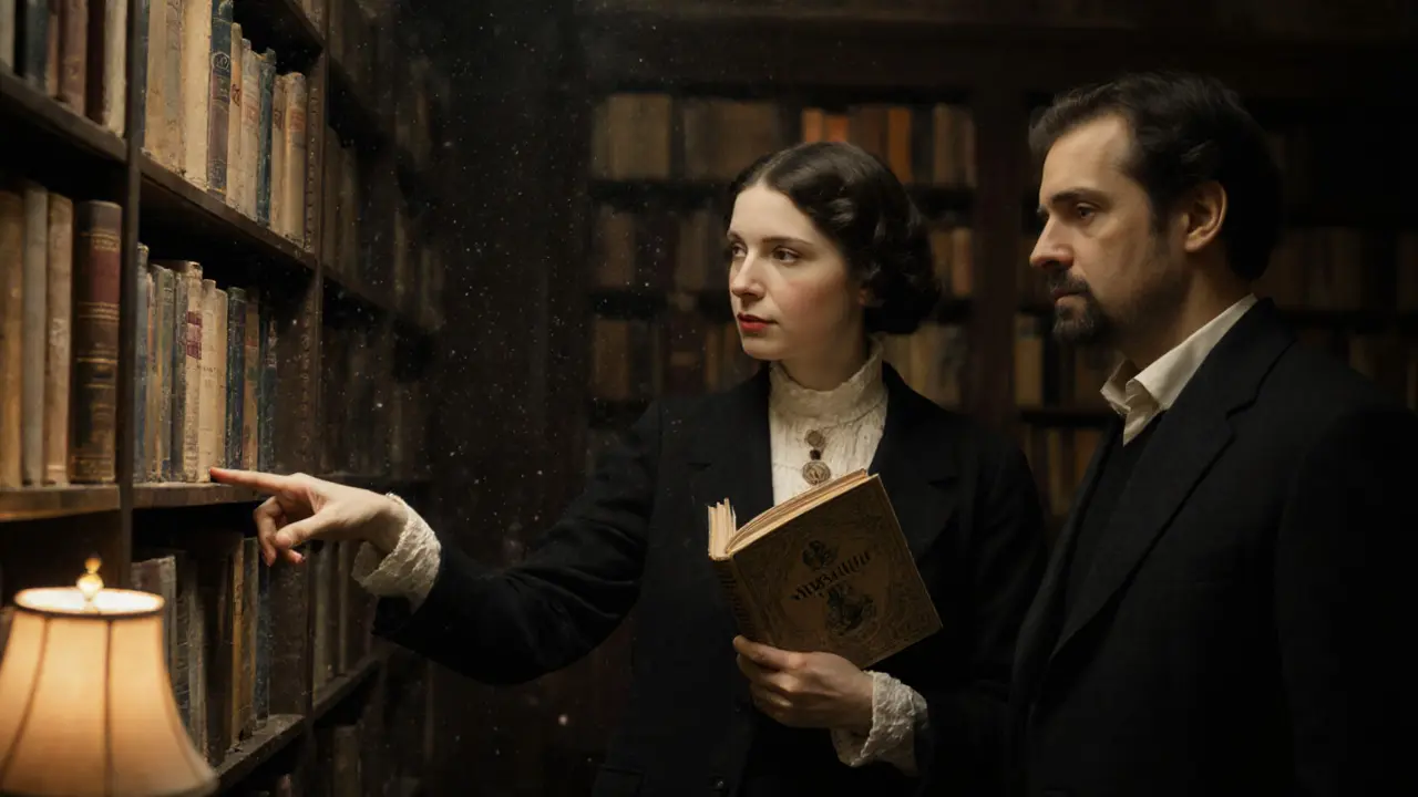A man and woman browse books together in a cozy London bookstore, bathed in warm lamplight.