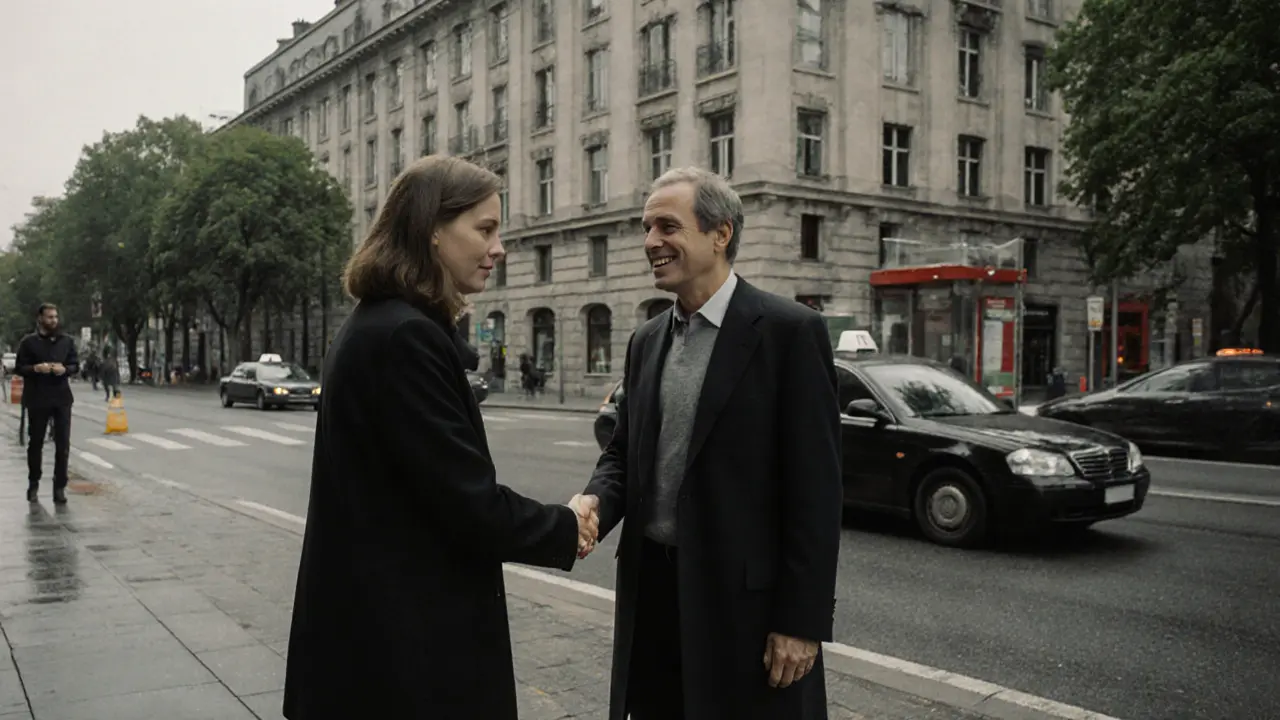 A man and woman shaking hands respectfully outside a Berlin hotel, conveying safe and professional meeting.