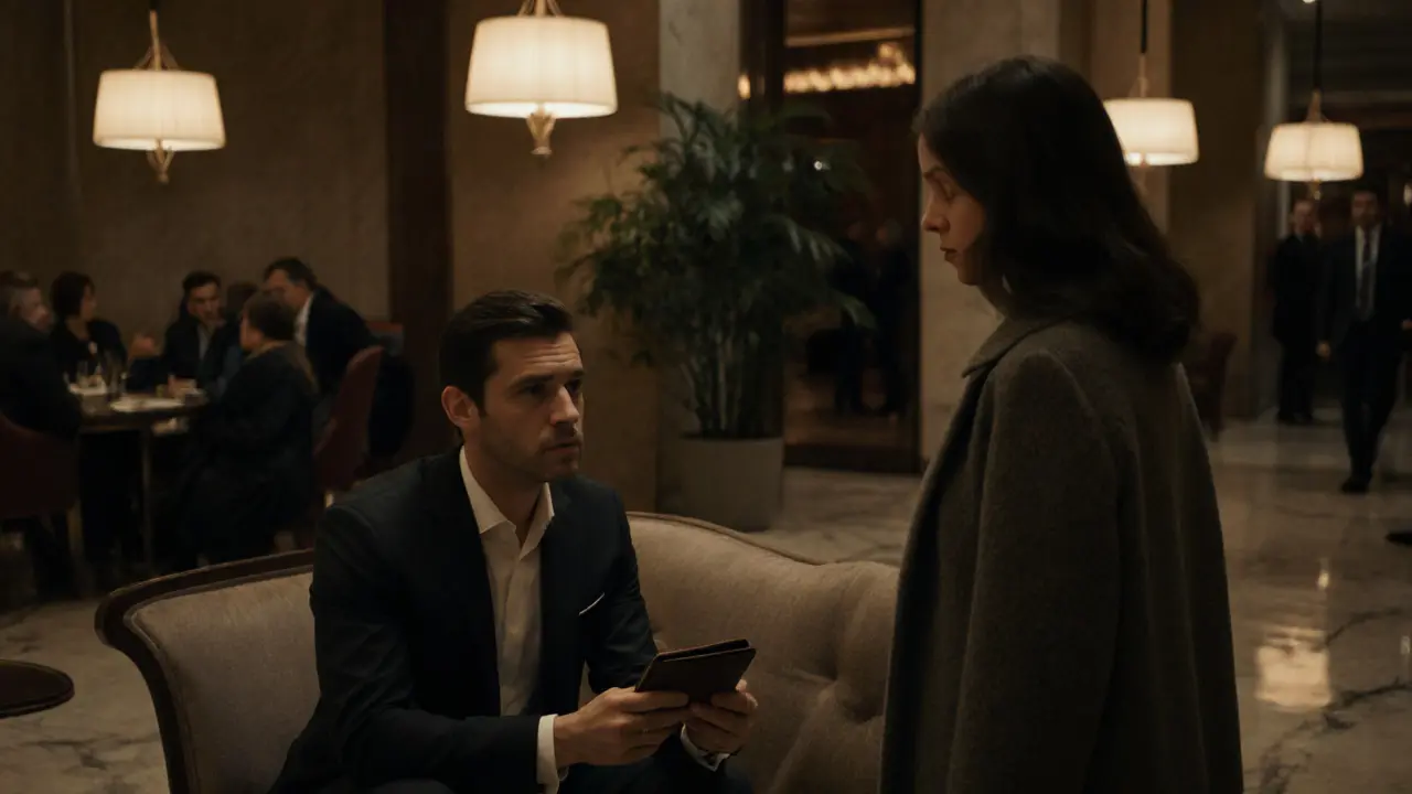 A man waits respectfully in a luxurious Milan hotel lobby as a woman approaches, no money visible, atmosphere calm and discreet.