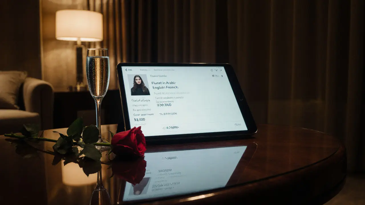 A minimalist encrypted profile on a tablet beside champagne and a rose in a luxury hotel suite.