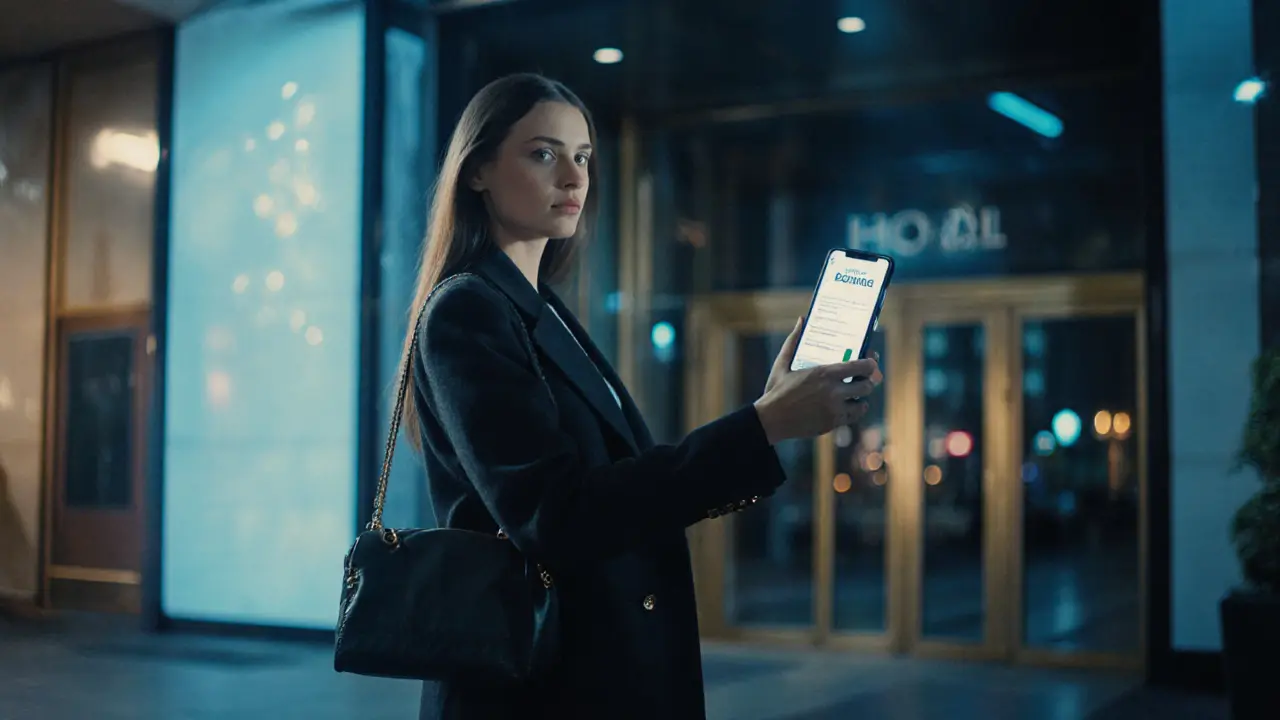 A professional escort standing confidently outside a Berlin hotel lobby at dusk.