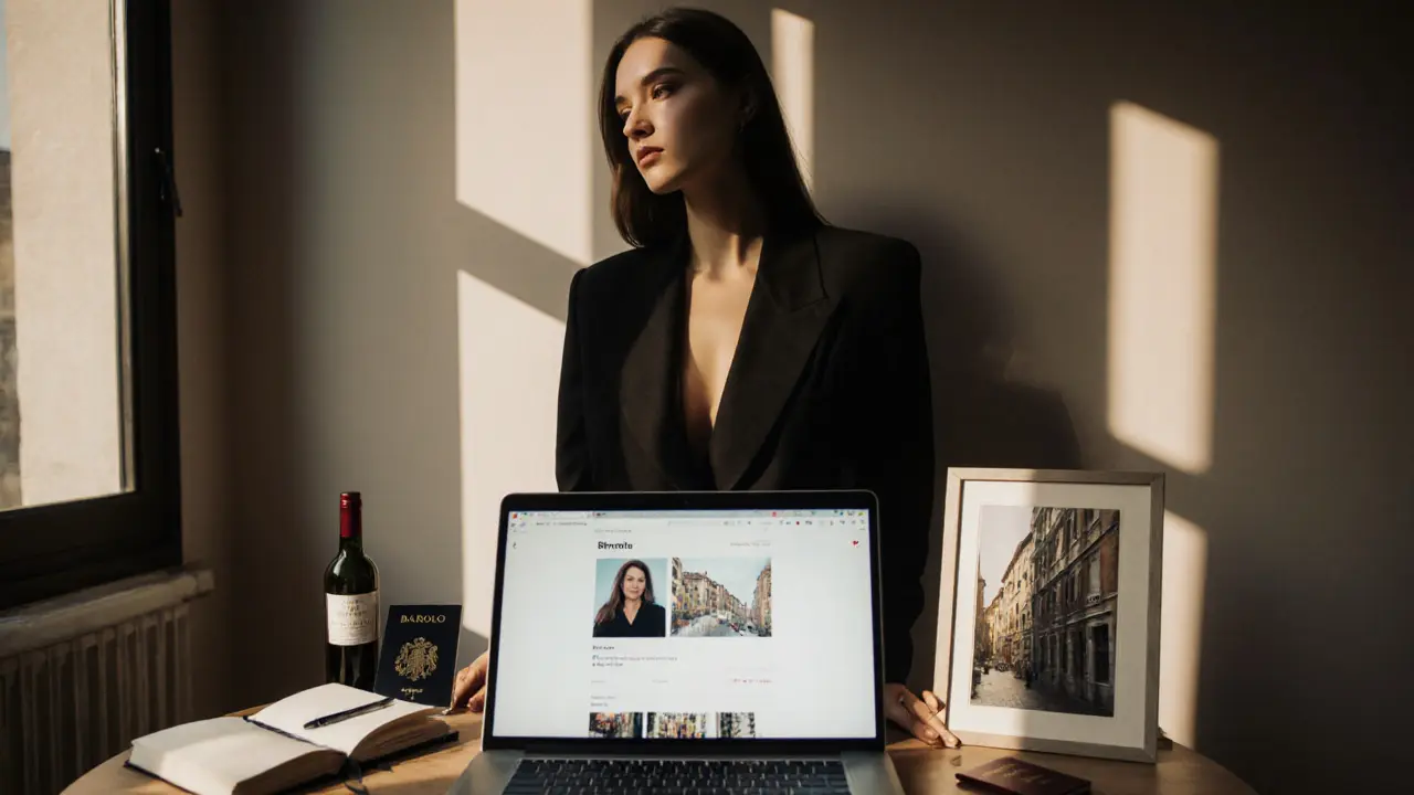 A professional escort surrounded by personal items reflecting her interests and lifestyle.