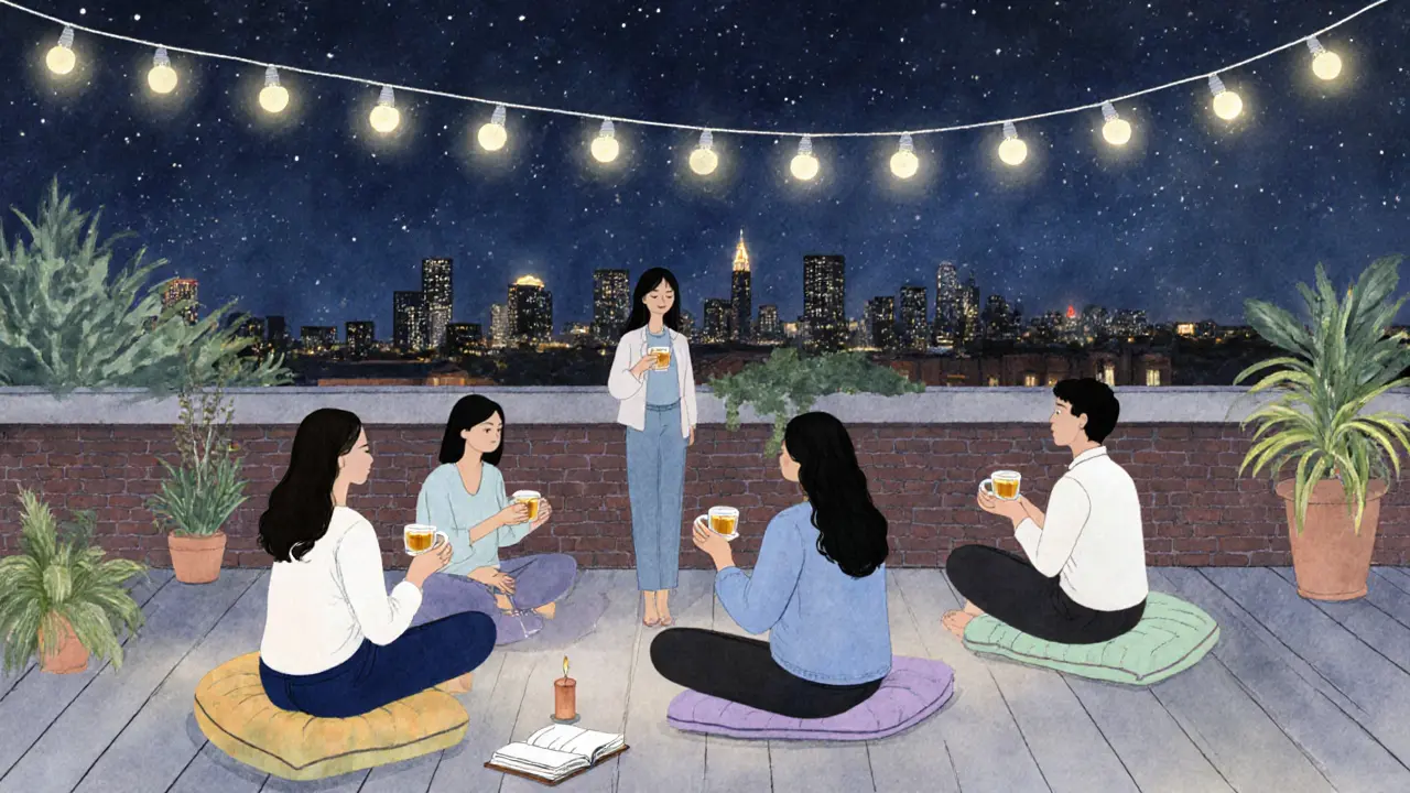 A quiet rooftop meditation under the stars with tea and candlelight.