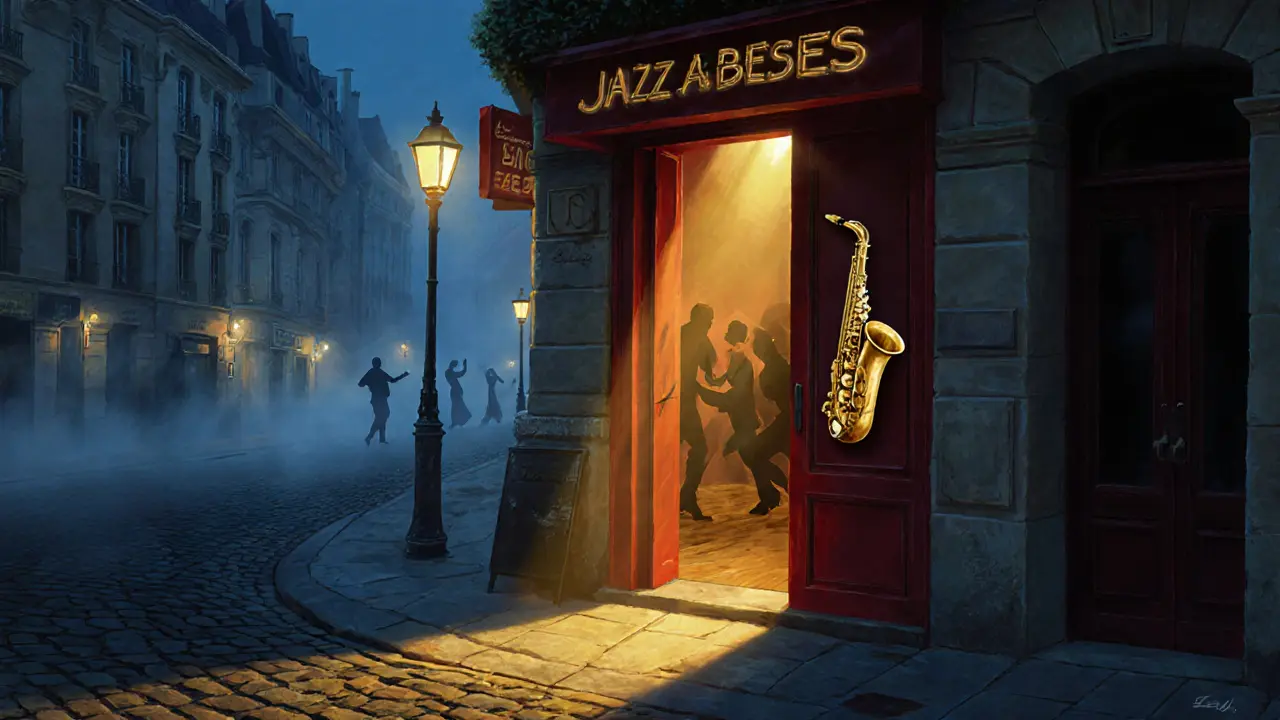 A red door to a hidden jazz club opens to golden light and the silhouette of dancers inside.