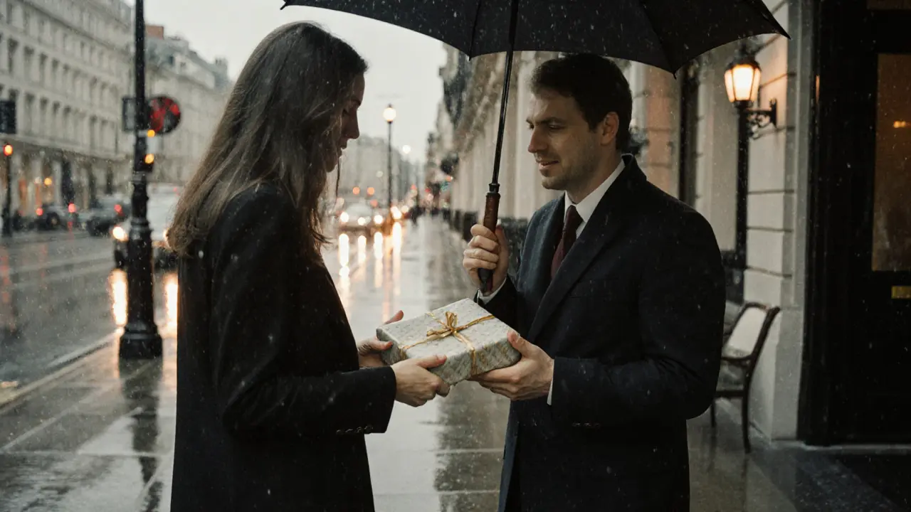 A respectful goodbye outside a Mayfair hotel, with a small gift and light rain falling.