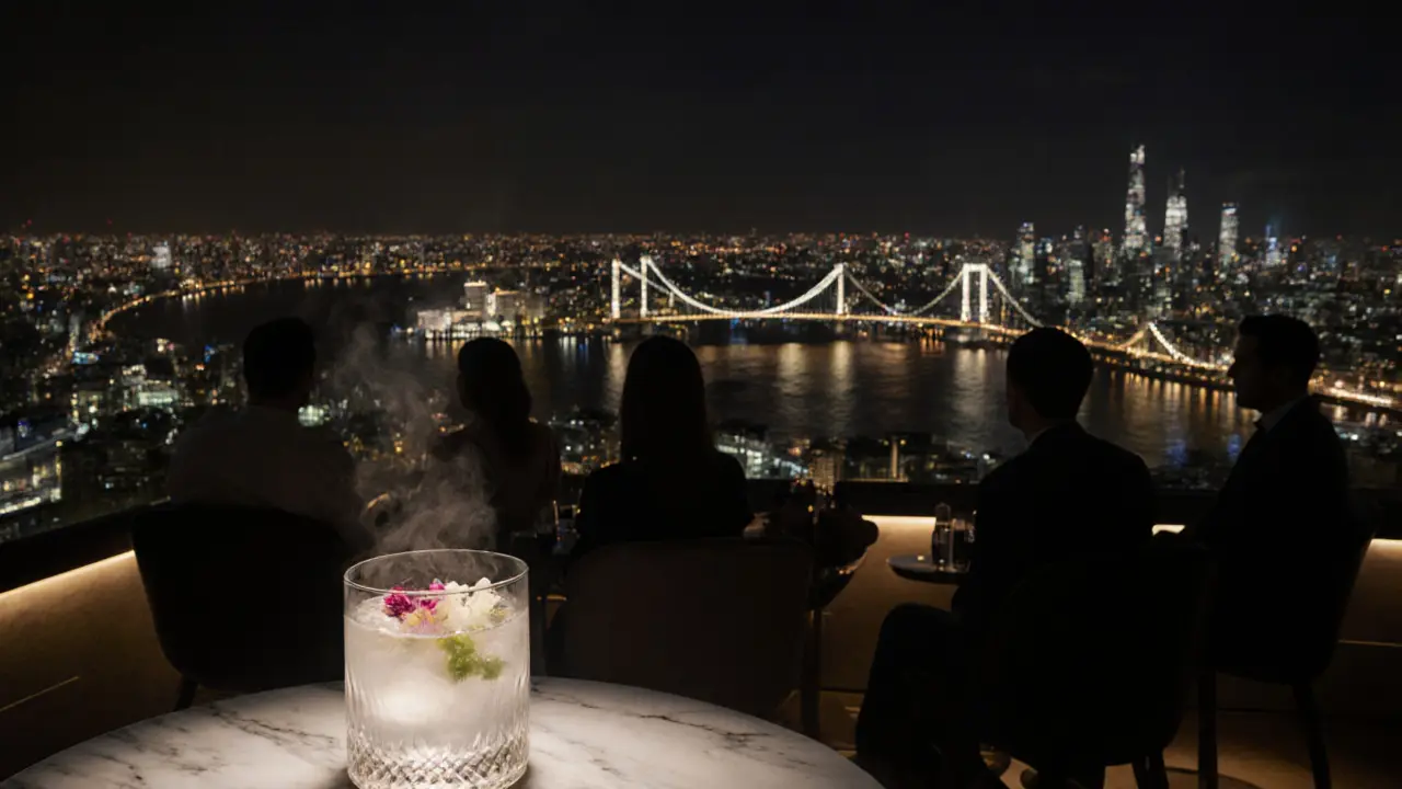 A rooftop bar at night with glowing cocktails and the Thames sparkling beneath the London skyline.