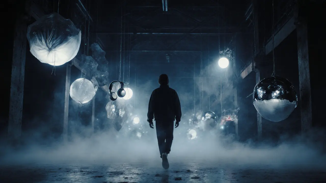 A solitary figure walking through a silent, glowing pop-up art installation in a dark warehouse.
