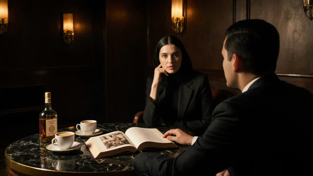 A sophisticated woman listening intently to a man in a luxury lounge, surrounded by art and candlelight.