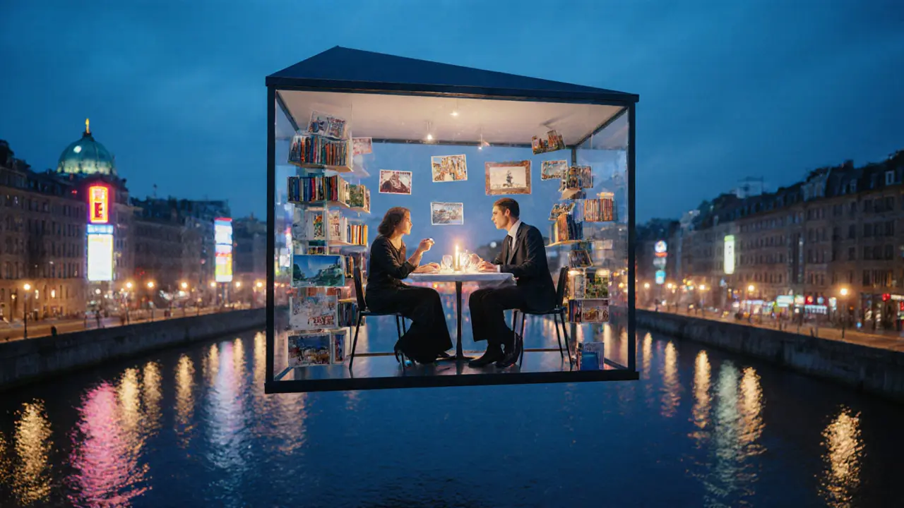 A transparent glass house above the Spree River, symbolizing trust and transparency in Berlin.