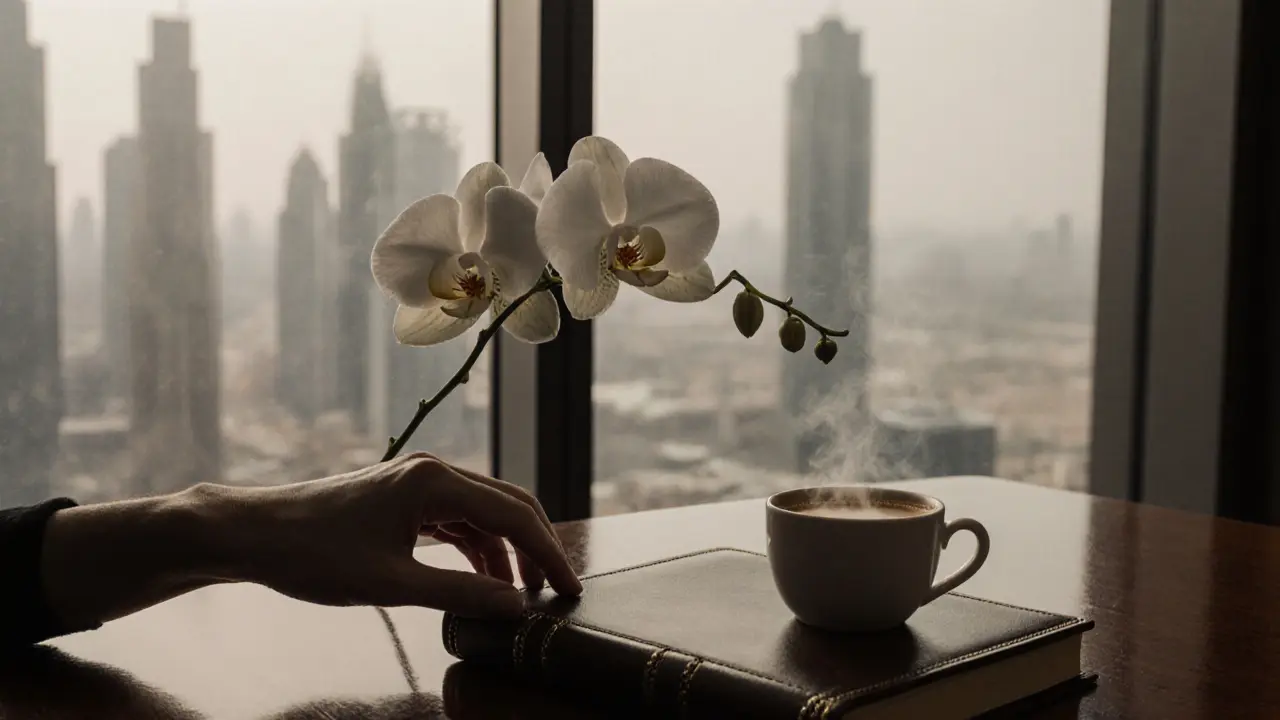 A white orchid and steaming coffee on a mahogany table, with Abu Dhabi’s skyline reflected in the window, conveying quiet intimacy.