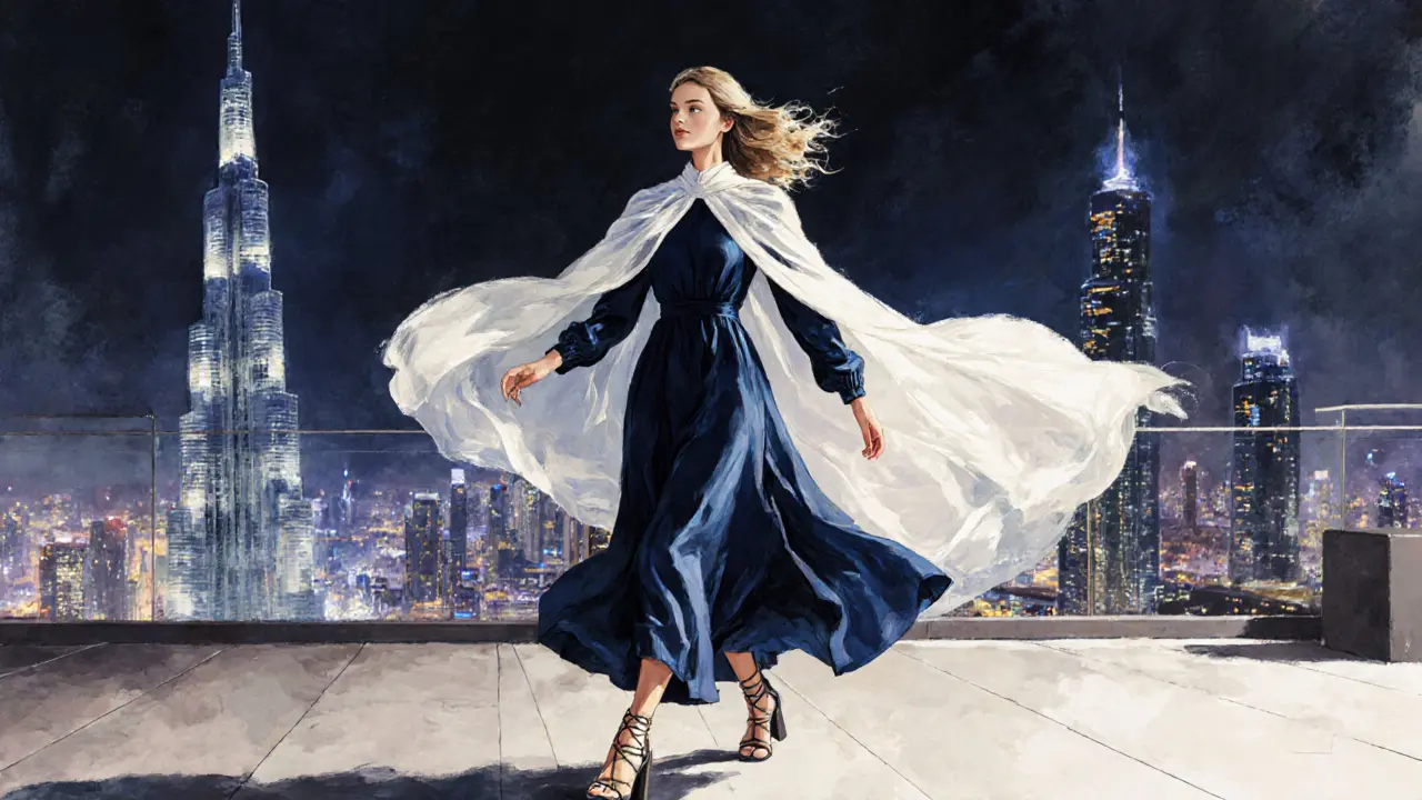A woman in a flowing navy silk midi dress with a shawl on a rooftop terrace overlooking Dubai&#039;s skyline.
