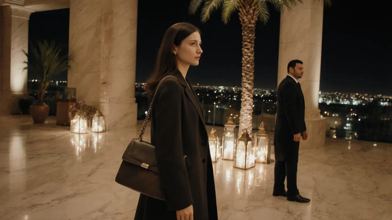 A woman walking calmly through a luxury hotel lobby at night, exuding professionalism and discretion under soft lantern light.