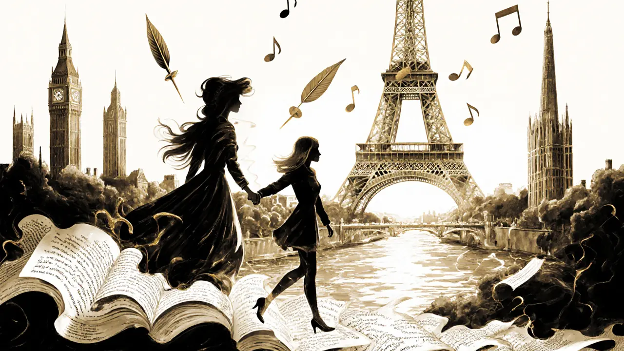 A woman walking with a luminous shadow figure through Paris, landmarks transforming into books and music, surreal and poetic.