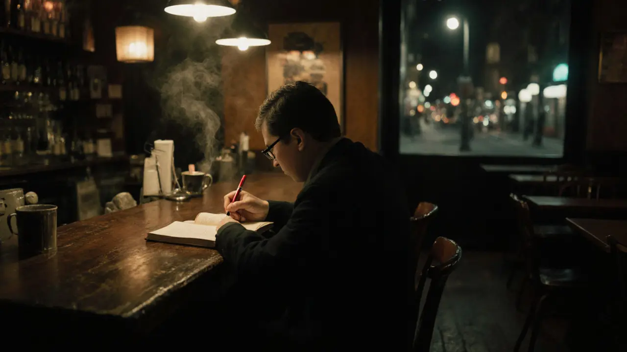 A writer underlines a novel at a dimly lit coffee counter late at night in Soho.