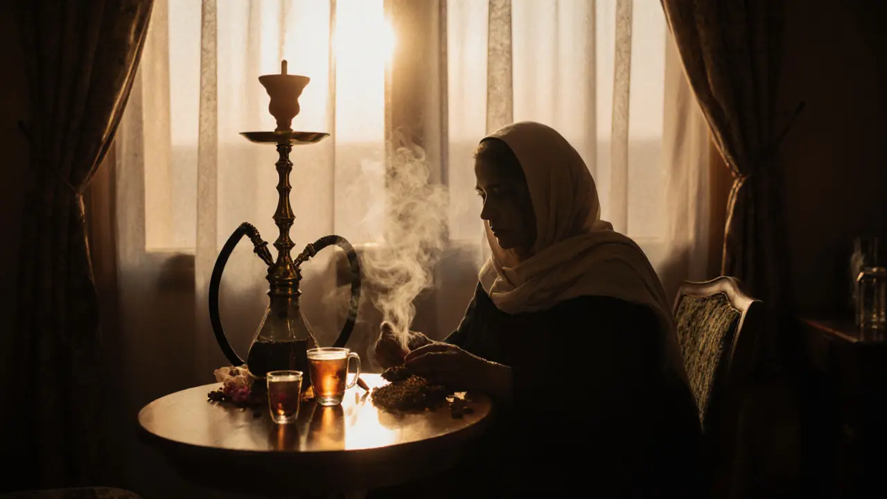 An authentic shisha lounge with a woman hand-rolling tobacco, steaming tea, and soft golden light filtering through curtains.