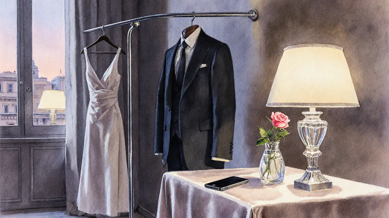 An elegant empty apartment in Milan suggests a private encounter, with a dress, suit, and rose on a console.