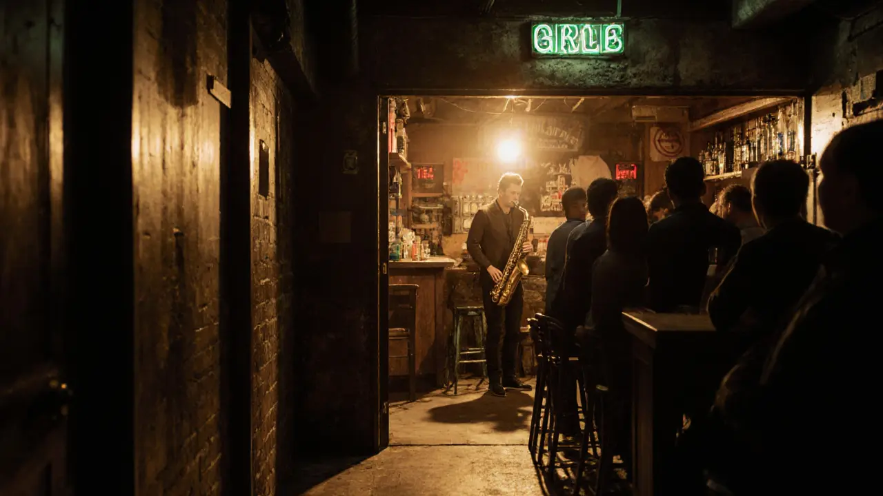 An intimate jazz club in a converted storage unit with a saxophonist playing under a spotlight.