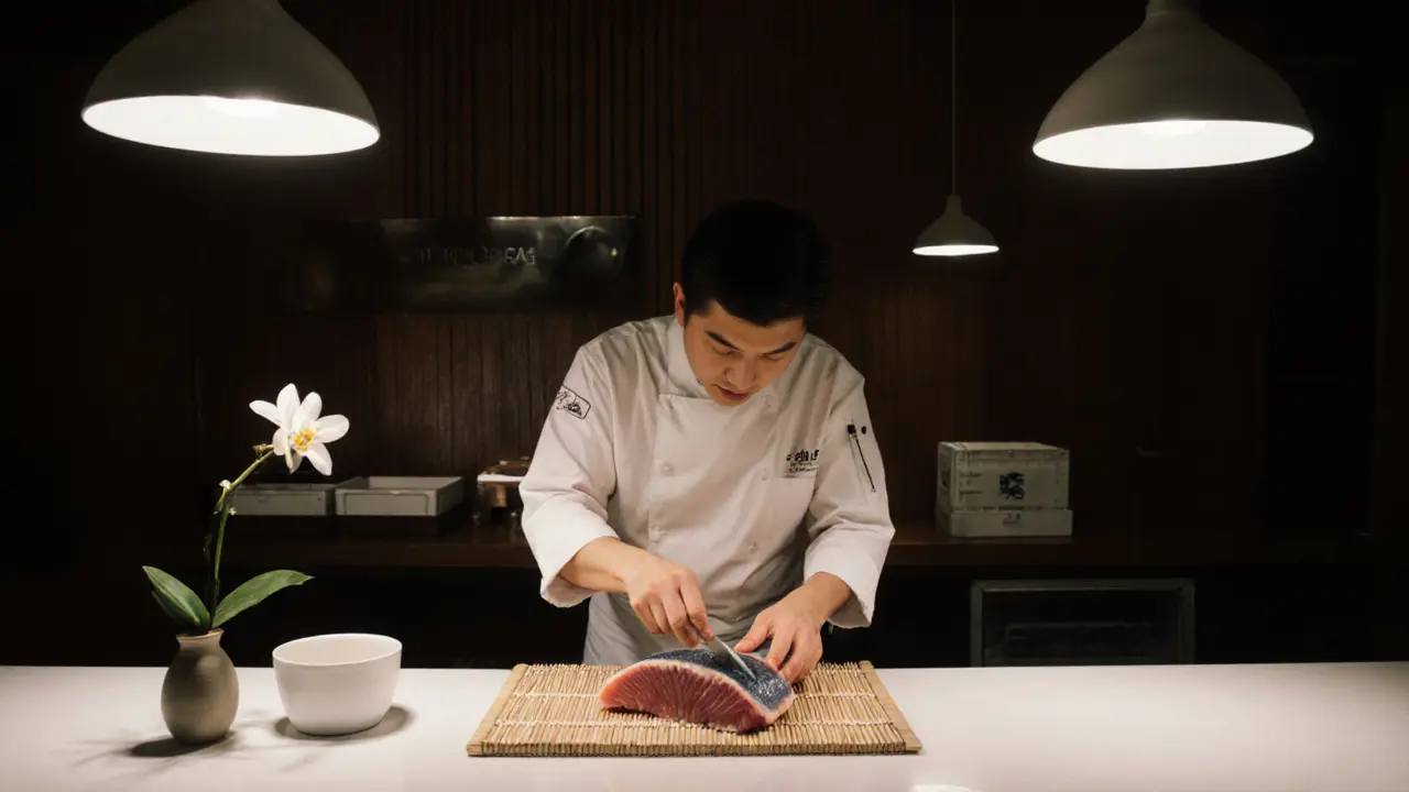 An intimate sushi counter with a chef preparing fresh fish in minimalist, serene surroundings.
