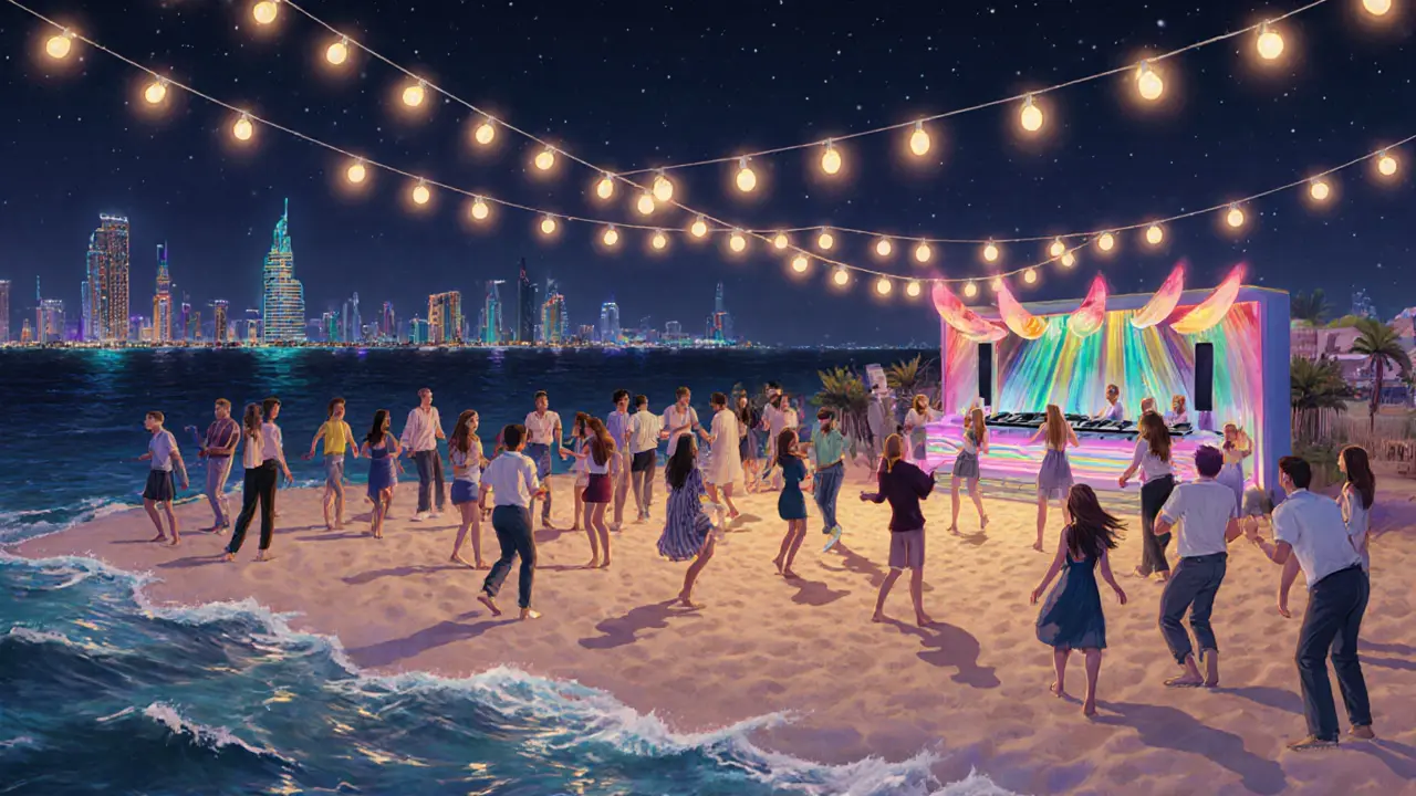 Beach club at midnight with string lights and dancers near the ocean.