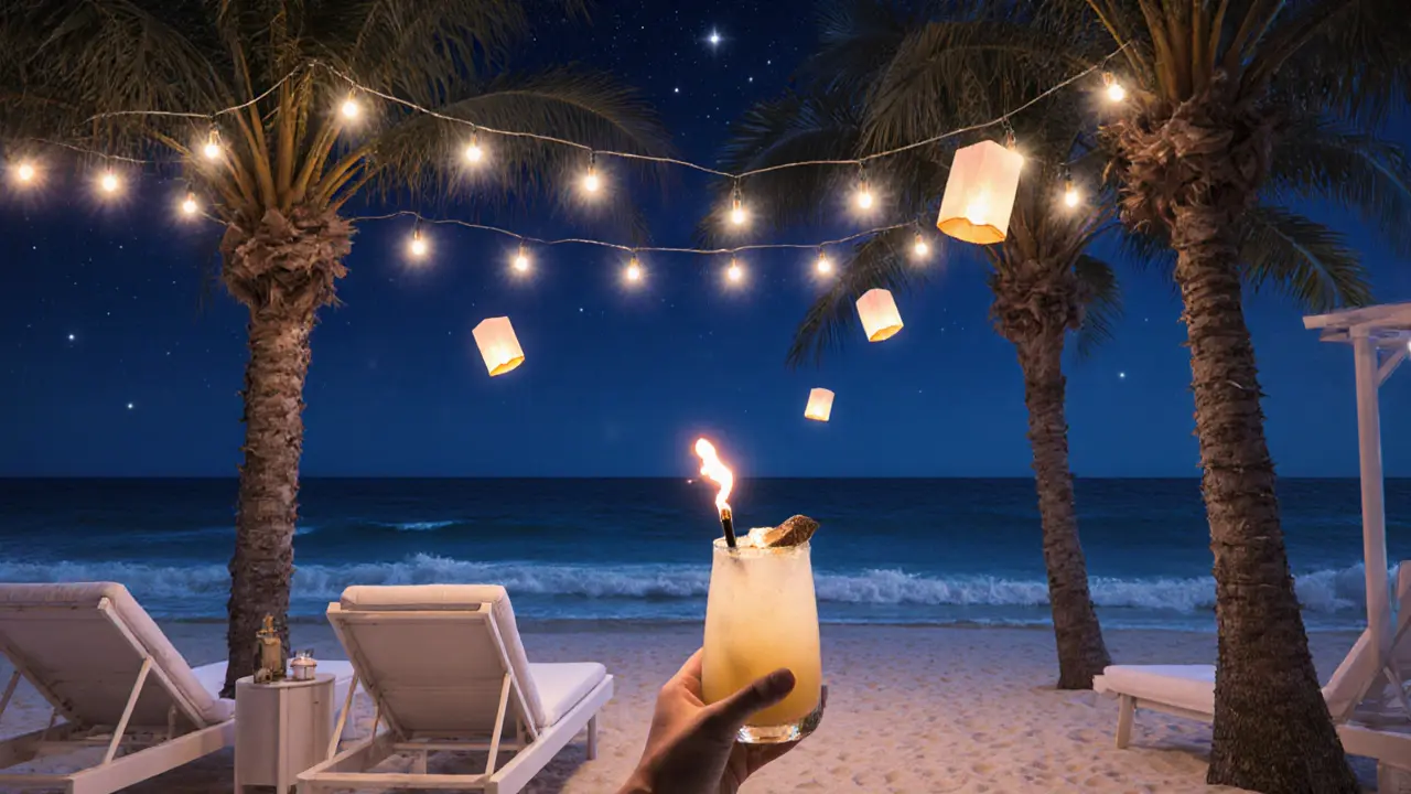 Beach club at night with glowing drink, string lights, and ocean backdrop, sand and floating lanterns in soft focus.