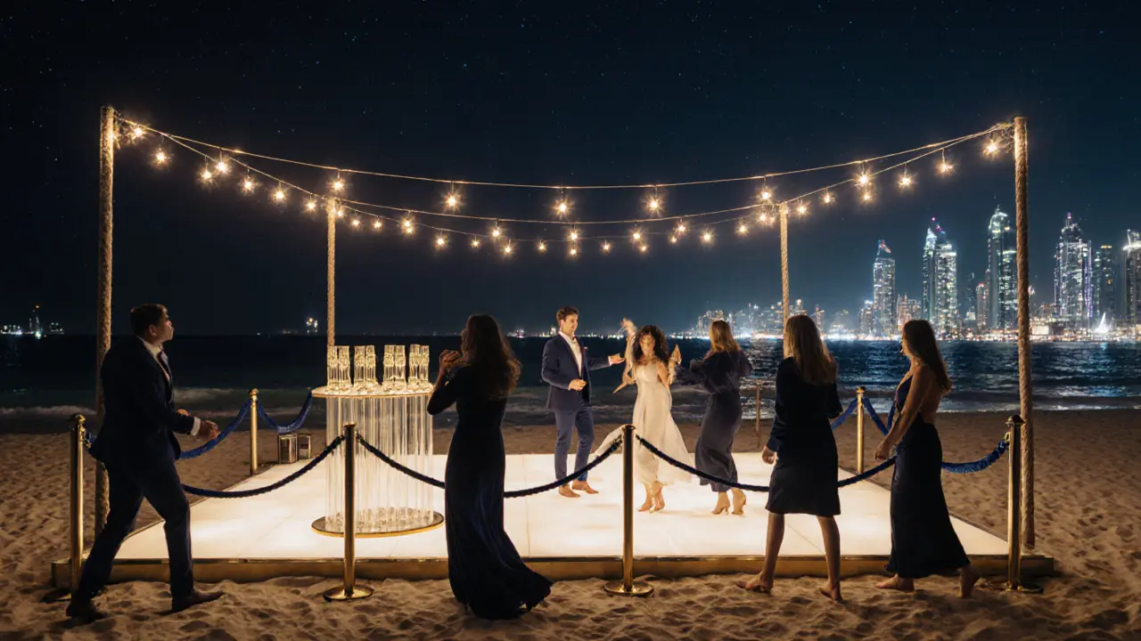 Couples dancing on a beach at Cielo nightclub under starlight, with champagne towers and soft string lights overhead.