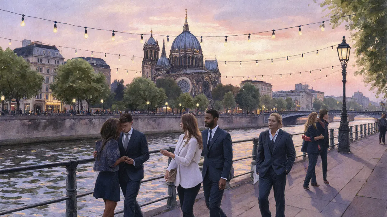 Couples walking along the Spree River at sunset, sharing quiet moments in the city.