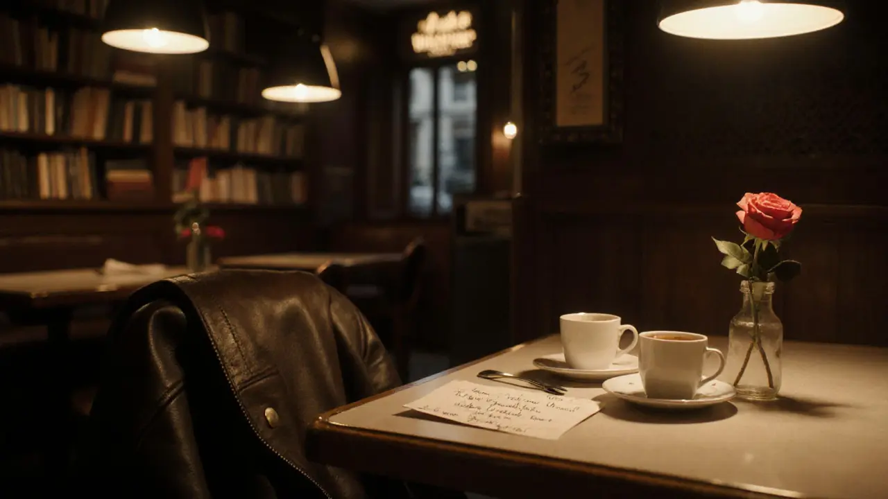 Cozy Paris bistro table with dessert, a handwritten note, and a single rose, no faces visible, warm ambient lighting.