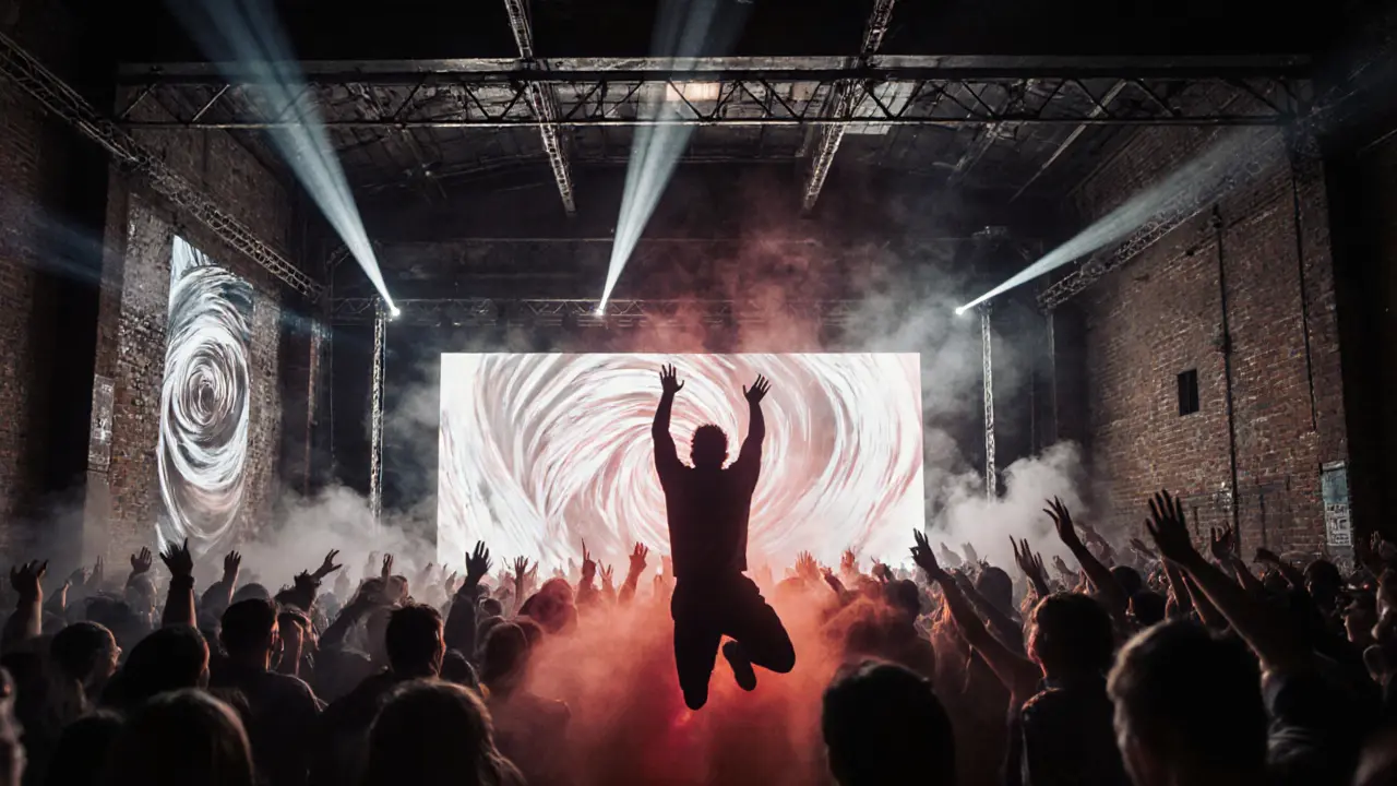 Crowd dancing under strobe lights and lasers at Printworks, smoke swirling in industrial space.