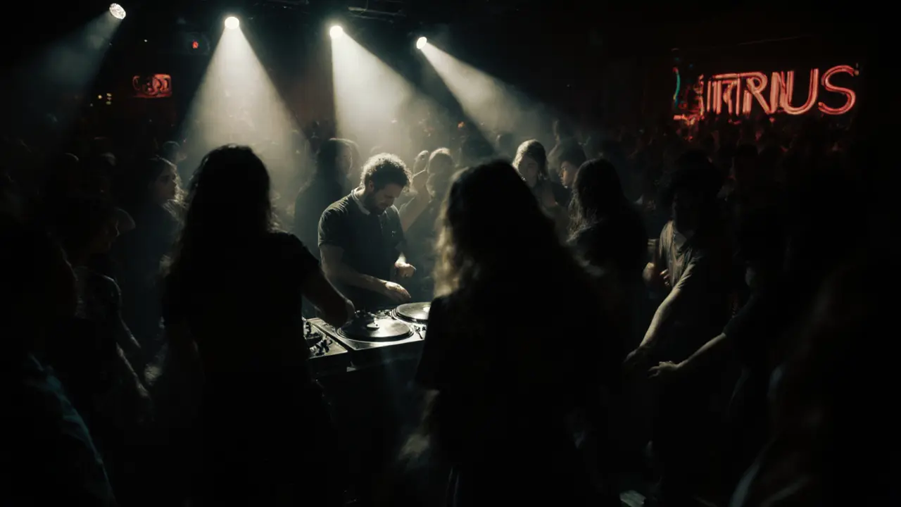 Dark underground techno club with silhouetted dancers and strobing lights in a packed room.