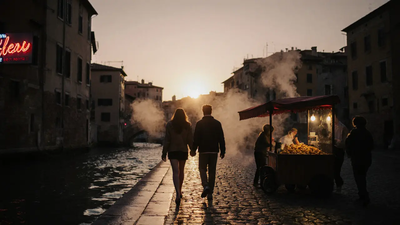 Dawn over Navigli canal as friends walk after a night out, steam rising from coffee and a vendor preparing food.