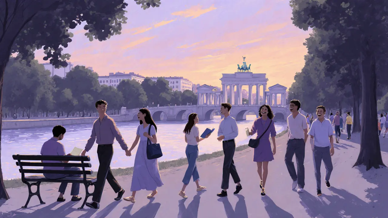 Diverse people walking peacefully through Tiergarten at sunset, embodying urban freedom.