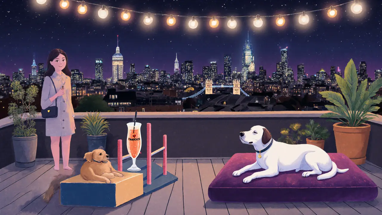 Dogs relax on foam obstacles at a rooftop bar with London skyline views, sipping sparkling apple juice from tiny cups.