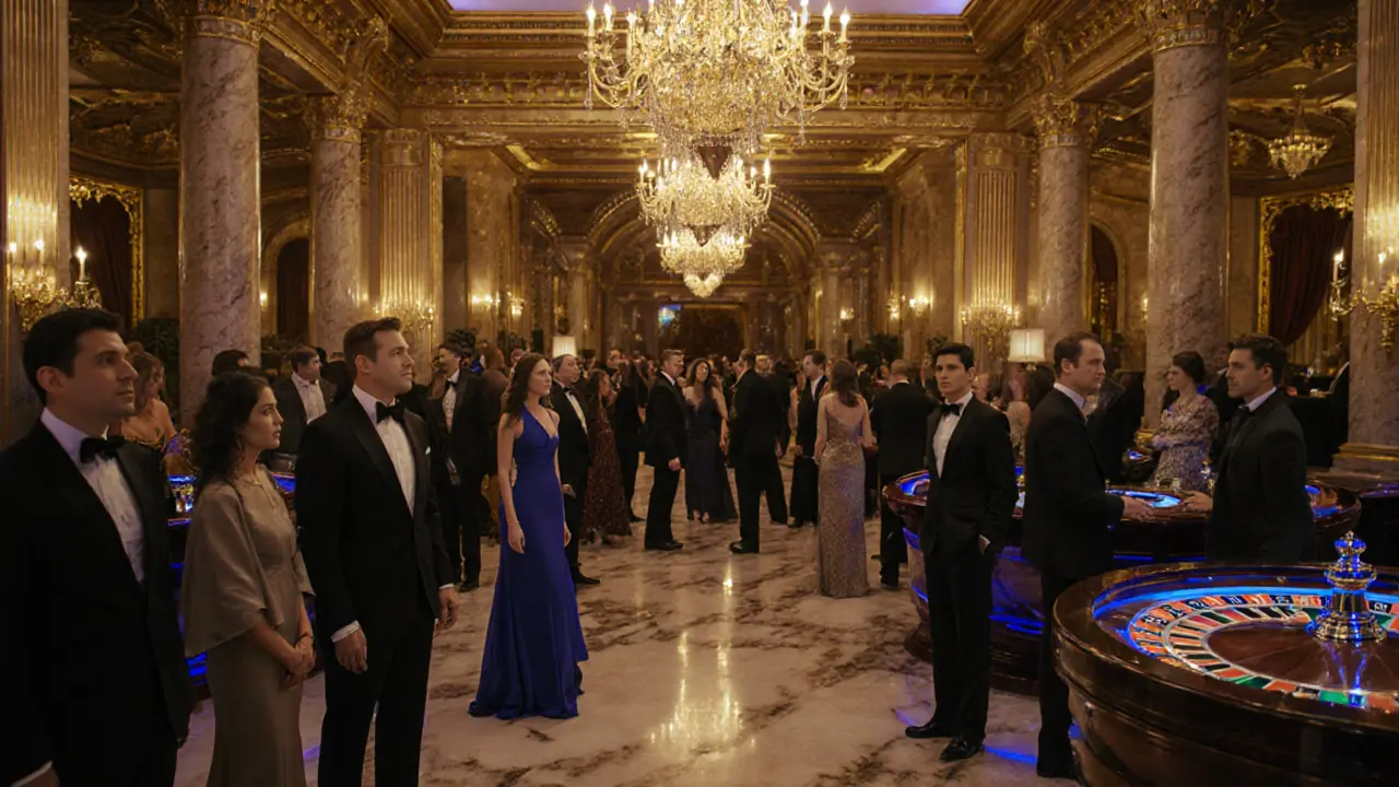 Elegant crowd gathered in the grand hall of Monte Carlo Casino under sparkling chandeliers.