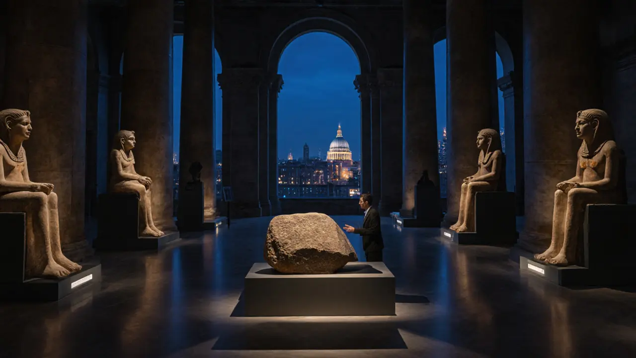 Empty Egyptian gallery at night with curator pointing to the Rosetta Stone.