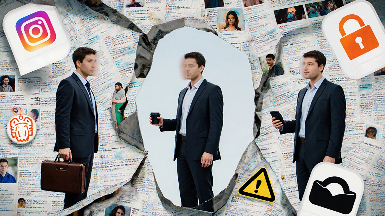 Fractured mirror showing three identities surrounded by digital icons of trust and risk.