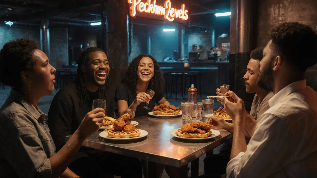 Friends sharing chicken and waffles at a communal table in a converted car park after clubbing.