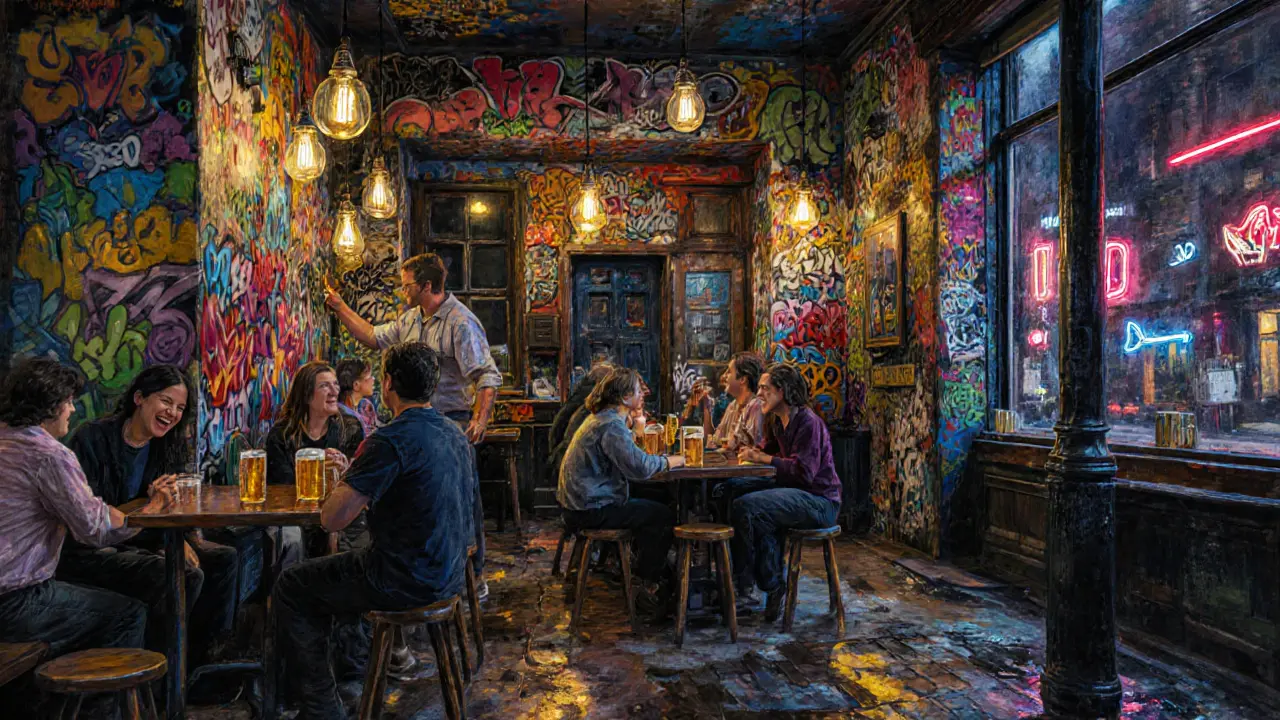 Graffiti-covered walls of The Old Blue Last pub with patrons and artists gathered under warm dim lights.