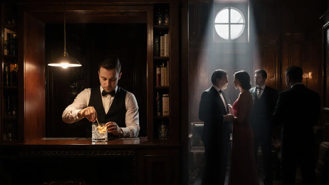 Hidden speakeasy bar behind a bookshelf, bartender crafting a golden cocktail in soft lamplight.