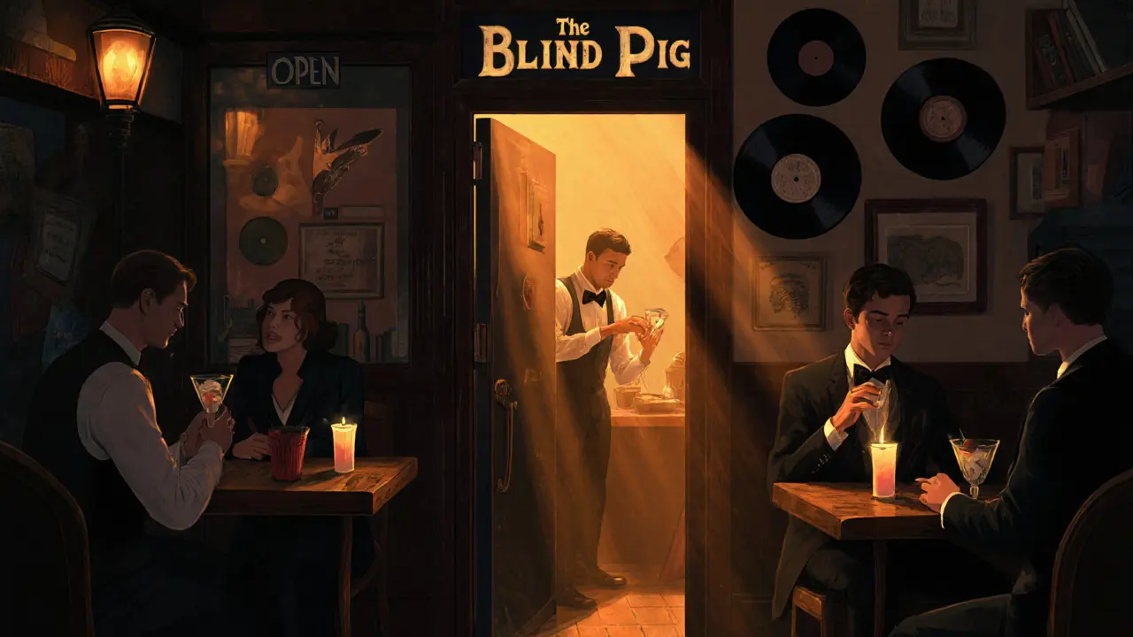 Hidden speakeasy bar behind a fridge door with vintage jazz records, candlelight, and patrons in 1920s attire.